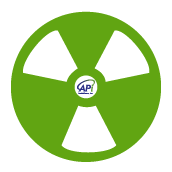 radioactive symbol and AmbioPharm APi logo in green and blue